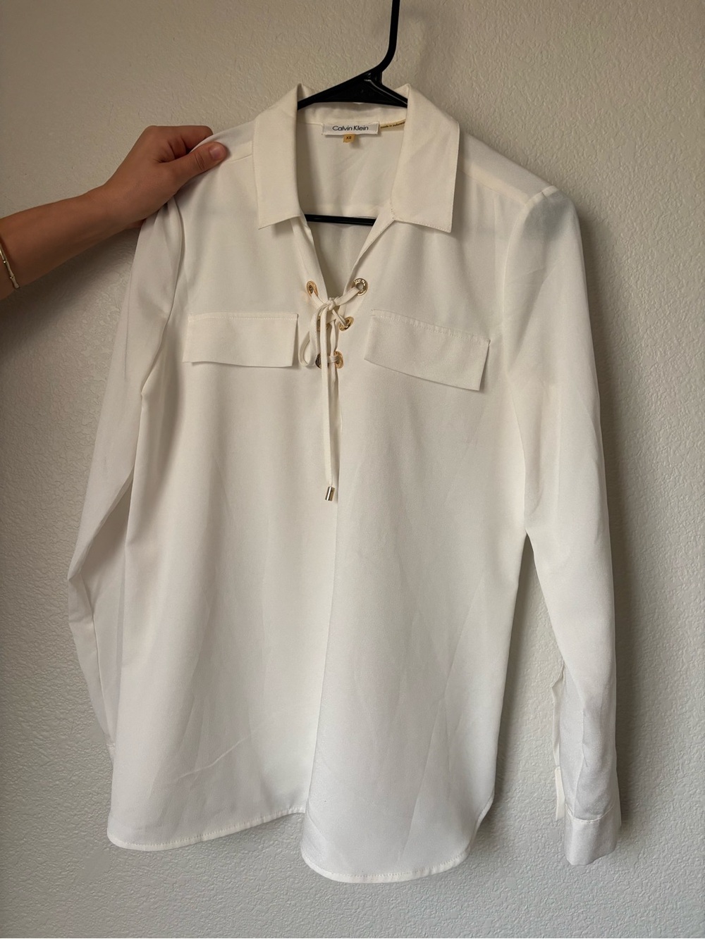 Calvin Klein White Lace-Up Collared Button-Down Shirt